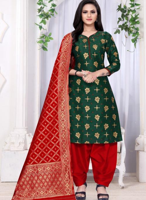 Dark Green Banarasi Silk Festival Wear Weaving Churidar Suit